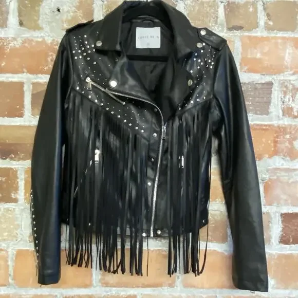 Coffee Bean Star Studded Faux Leather Fringe Black Moto Motorcycle Jacket Medium - Picture 2 of 13